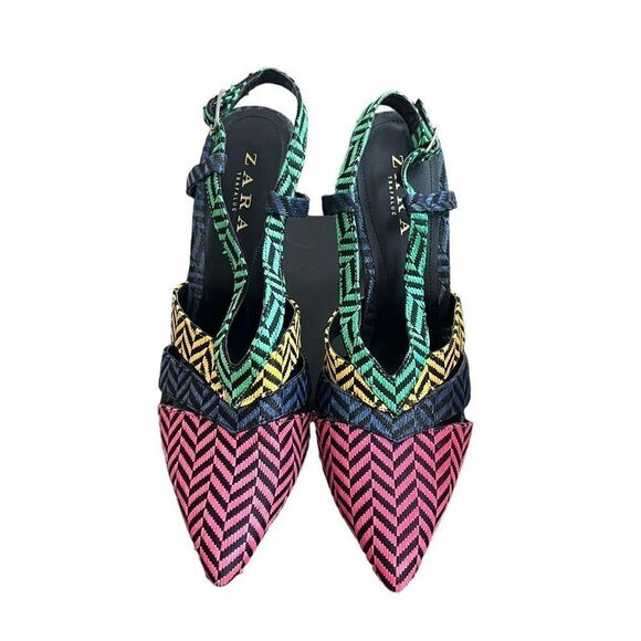 Zara Herringbone Multicolor Heels Pointed Toe Strappy Sz EU 41/10 US - Picture 2 of 6